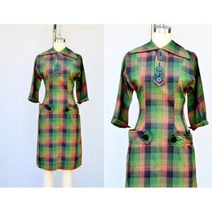 50s Pencil Dress Wiggle Checkered Fitted Bombshell by Vicky Vaughn w/Pockets XS